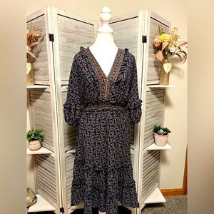 MAX studio boho dress with bell sleeves. Navy and gold. Small.
